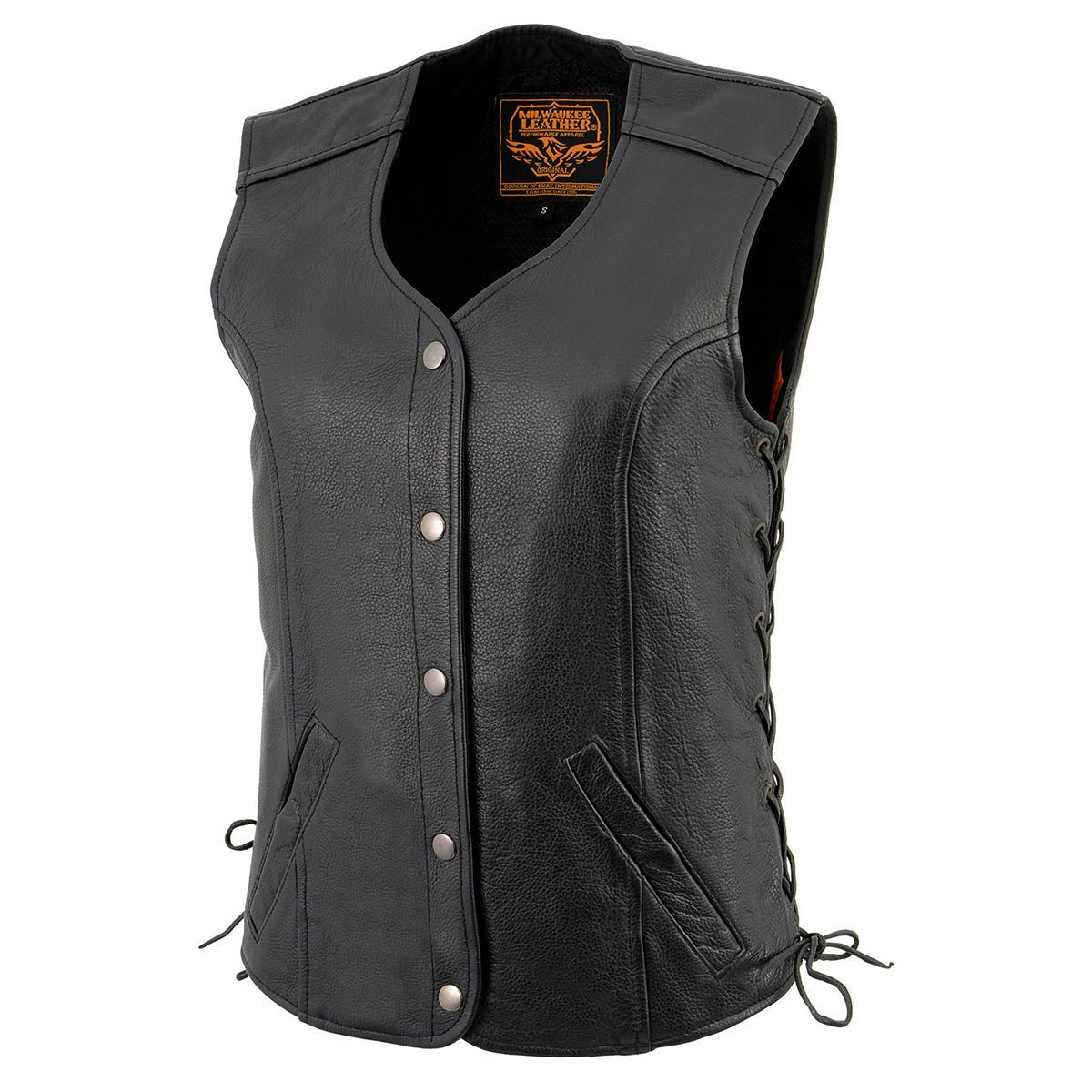 MILWAUKEE LEATHER - WOMEN'S BLACK PREMIUM LEATHER SIDE LACED MOTORCYCLE BIKER RIDERS VEST WITH SNAP CLOSURE - LKL4700