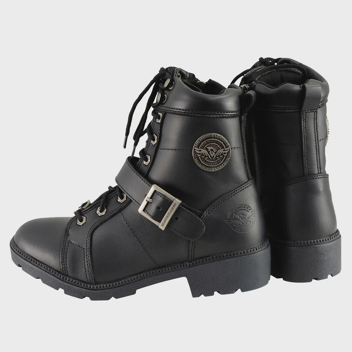 MILWAUKEE LEATHER - WOMEN'S PREMIUM BLACK LACE-UP CLASSIC LEATHER MOTORCYCLE BIKER BOOTS WITH SIDE ZIPPER - MBL9325