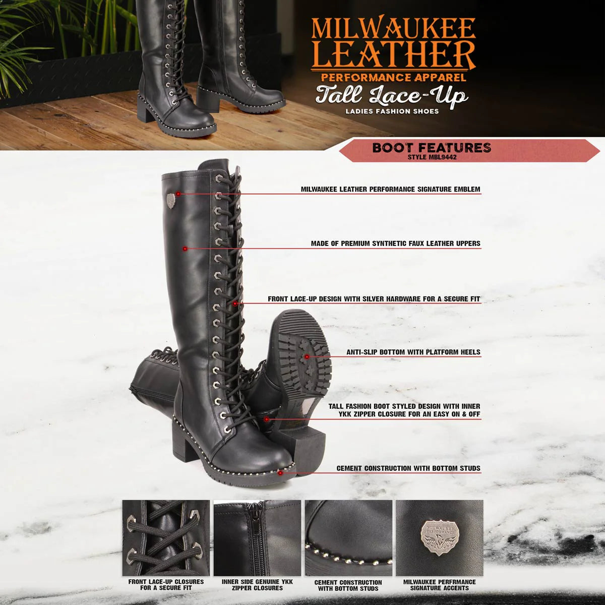 MILWAUKEE LEATHER - WOMEN'S BLACK LACE-UP TALL BIKER FASHION BOOTS WITH PLATFORM HEEL & STUDS
