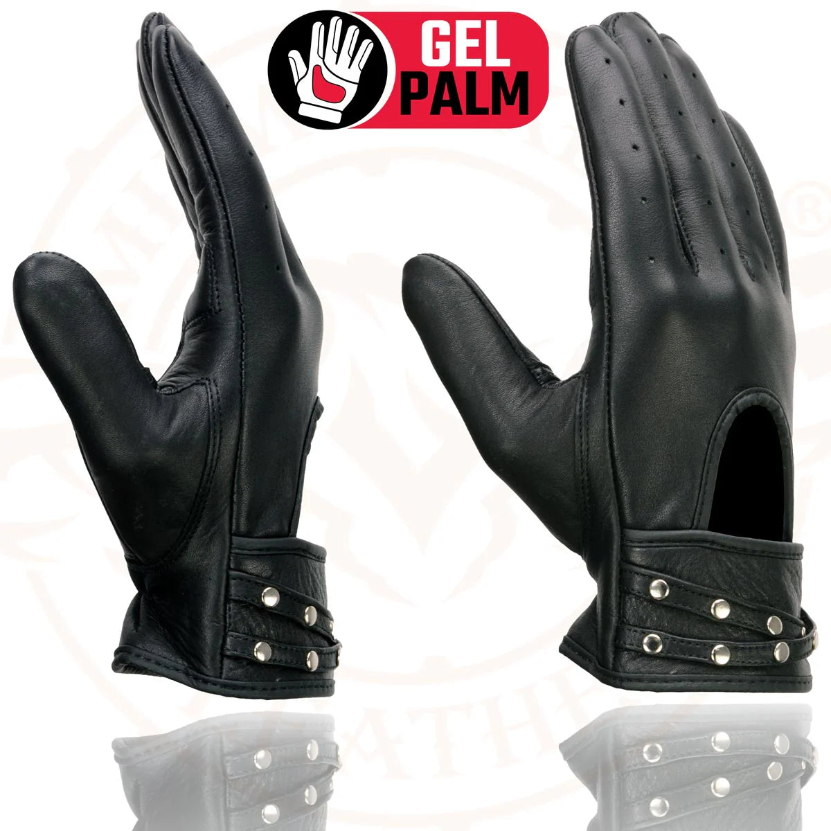 MILWAUKEE LEATHER - WOMEN'S BLACK LEATHER GEL PALM OPEN WRIST MOTORCYCLE HAND GLOVES WITH STYLISH 'WRIST DETAILING' - MG7765