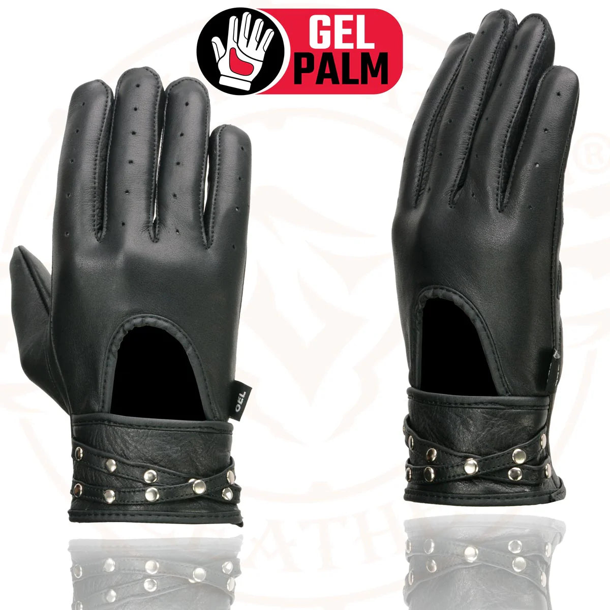 MILWAUKEE LEATHER - WOMEN'S BLACK LEATHER GEL PALM OPEN WRIST MOTORCYCLE HAND GLOVES WITH STYLISH 'WRIST DETAILING' - MG7765