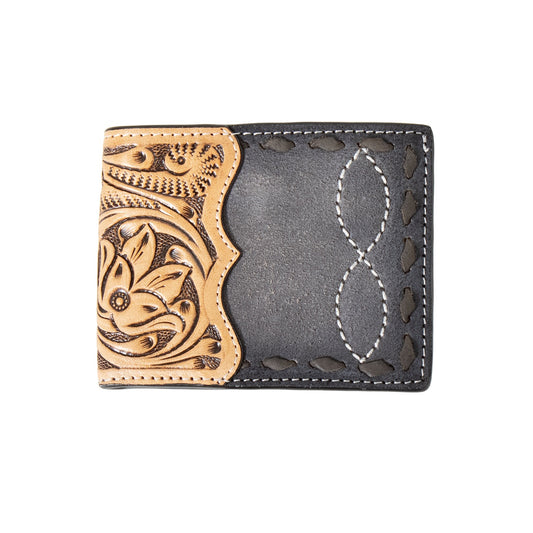 M&F - BI-FOLD WALLET GREY LEATHER AND TOOLED LEATHER - D2500124107