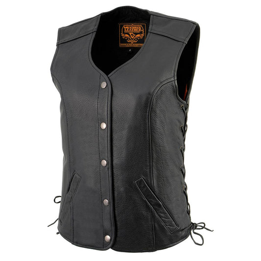MILWAUKEE LEATHER - WOMEN'S BLACK PREMIUM LEATHER SIDE LACED MOTORCYCLE BIKER RIDERS VEST WITH SNAP CLOSURE - LKL4700