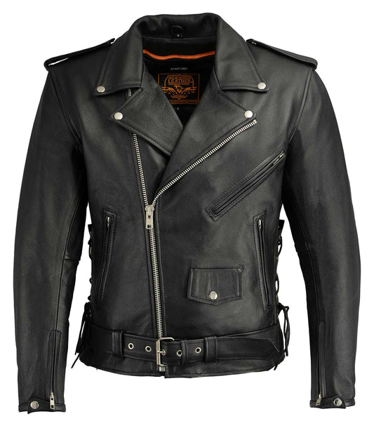 MILWAUKEE LEATHER - BLACK LEATHER MOTORCYCLE JACKET FOR MEN, THICK POLICE STYLE BIKER JACKET WITH SIDE LACE - LKM1711