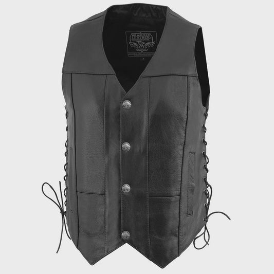 MILWAUKEE LEATHER - MEN'S BLACK LEATHER CLASSIC V-NECK MOTORCYCLE RIDER VEST WITH BUFFALO SNAPS & SIDE LACES - LKM3701