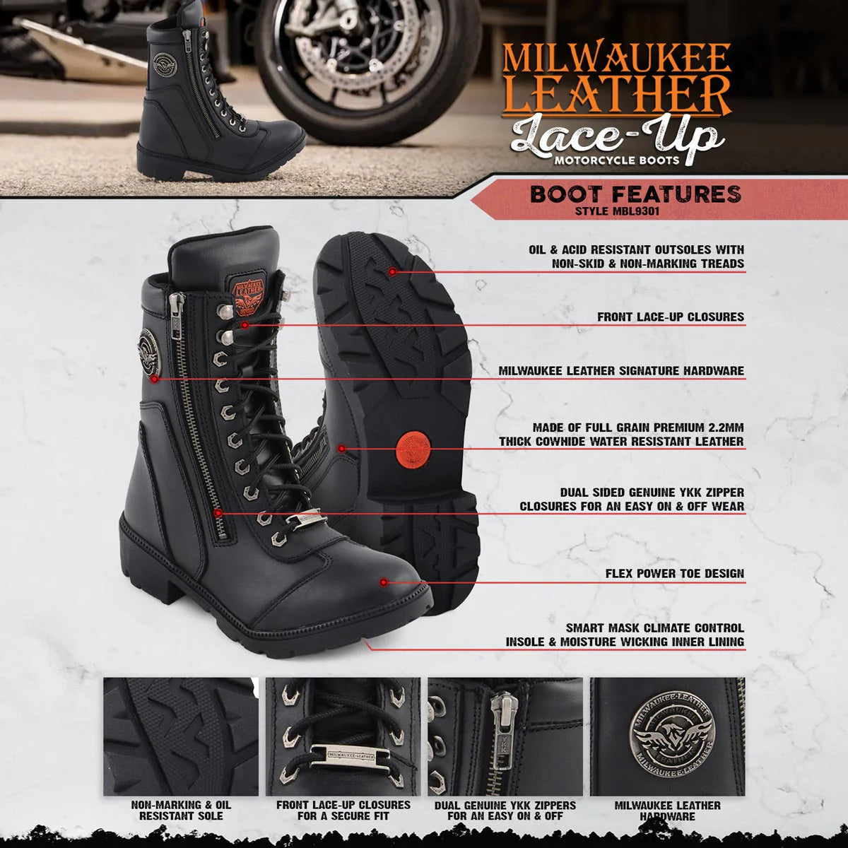 MILWAUKEE LEATHER - WOMEN'S BLACK LEATHER LACE-UP MOTORCYCLE BIKER RIDING BOOTS WITH SIDE ZIPPER ENTRY - MBL9301