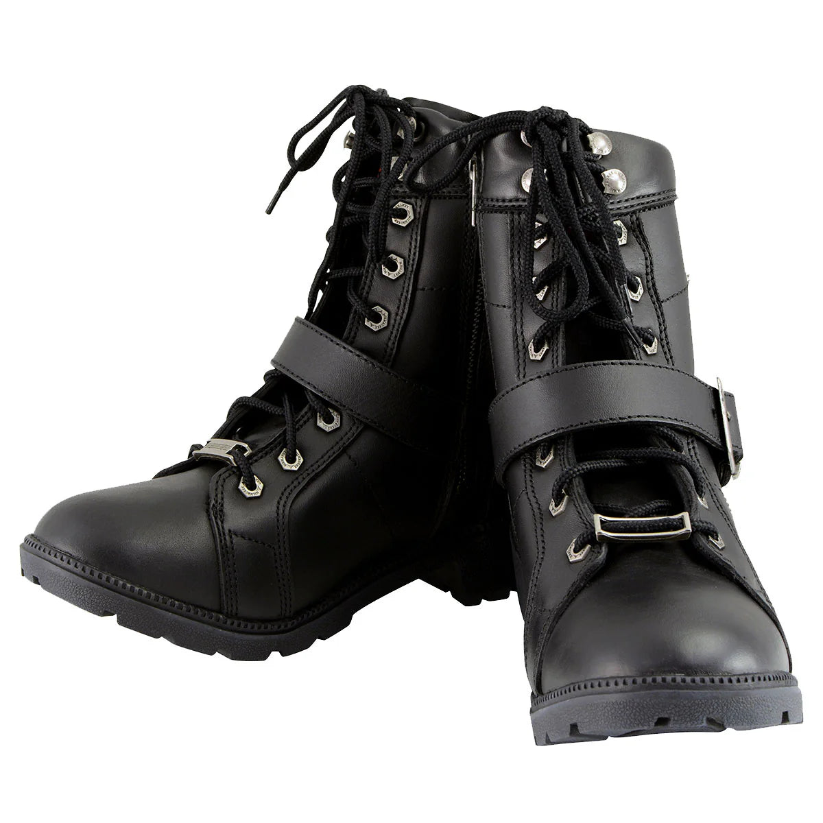 MILWAUKEE LEATHER - WOMEN'S PREMIUM BLACK LACE-UP CLASSIC LEATHER MOTORCYCLE BIKER BOOTS WITH SIDE ZIPPER - MBL9325