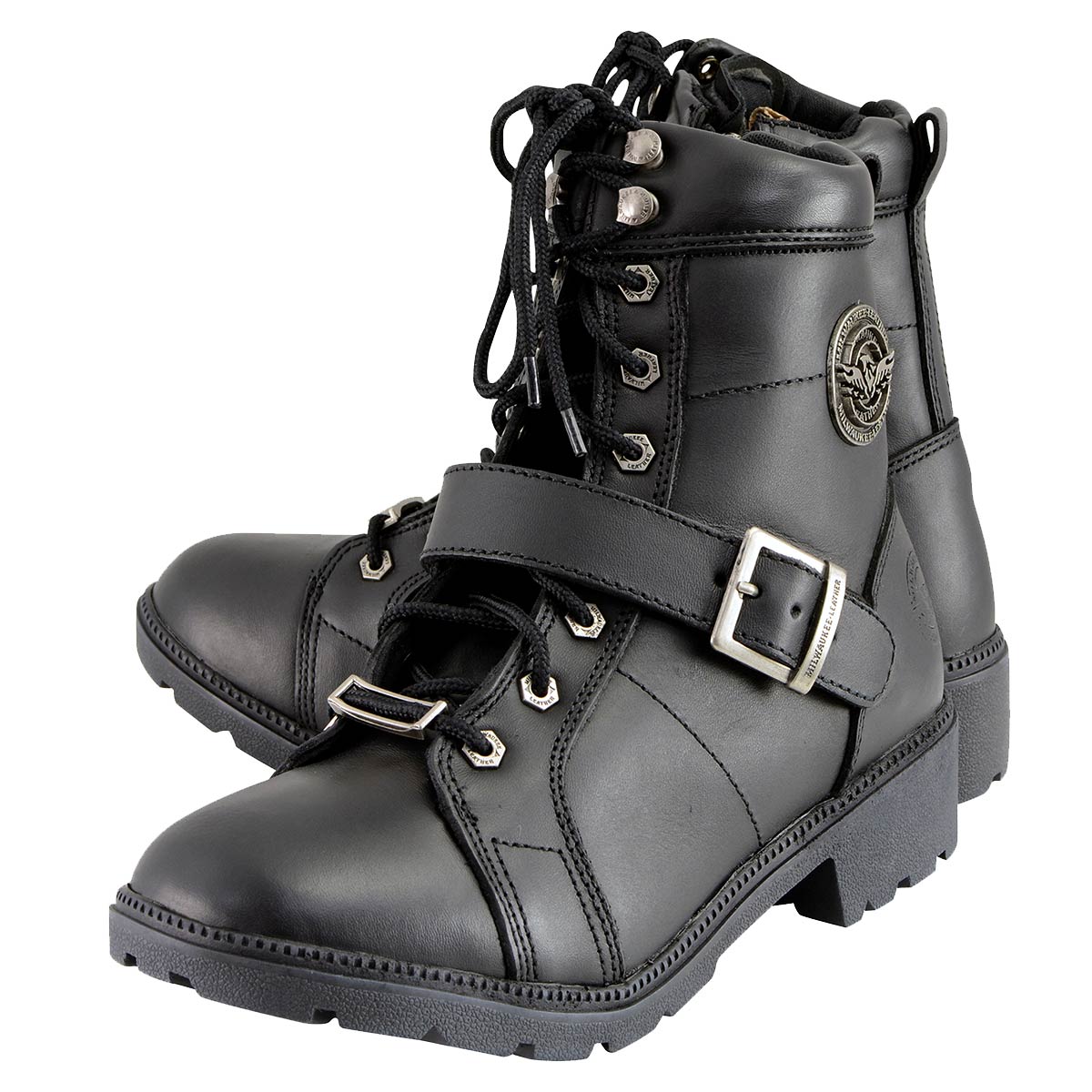 MILWAUKEE LEATHER - WOMEN'S PREMIUM BLACK LACE-UP CLASSIC LEATHER MOTORCYCLE BIKER BOOTS WITH SIDE ZIPPER - MBL9325