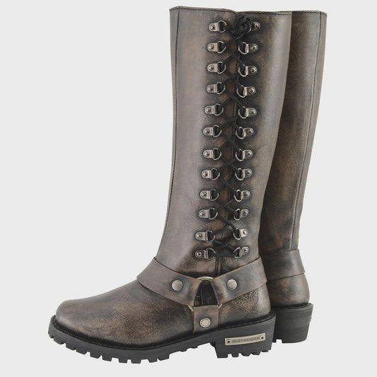 MILWAUKEE LEATHER - WOMEN'S DISTRESSED BROWN LEATHER 14-INCH CLASSIC HARNESS SQUARE TOE MOTORCYCLE RIDER BOOT - MBL9368