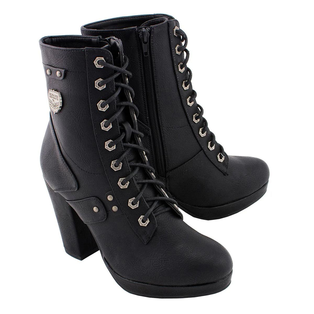 MILWAUKEE LEATHER - WOMEN'S BLACK LACE-UP FASHION BOOTS WITH STUDDED ACCENTS AND PLATFORM HEEL - MBL9418
