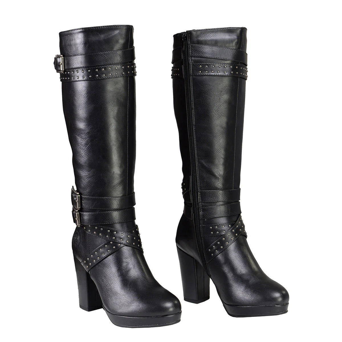 MILWAUKEE LEATHER - WOMEN'S TALL BLACK STUDDED STRAP FASHION CASUAL BOOTS WITH PLATFORM HEEL - MBL9422