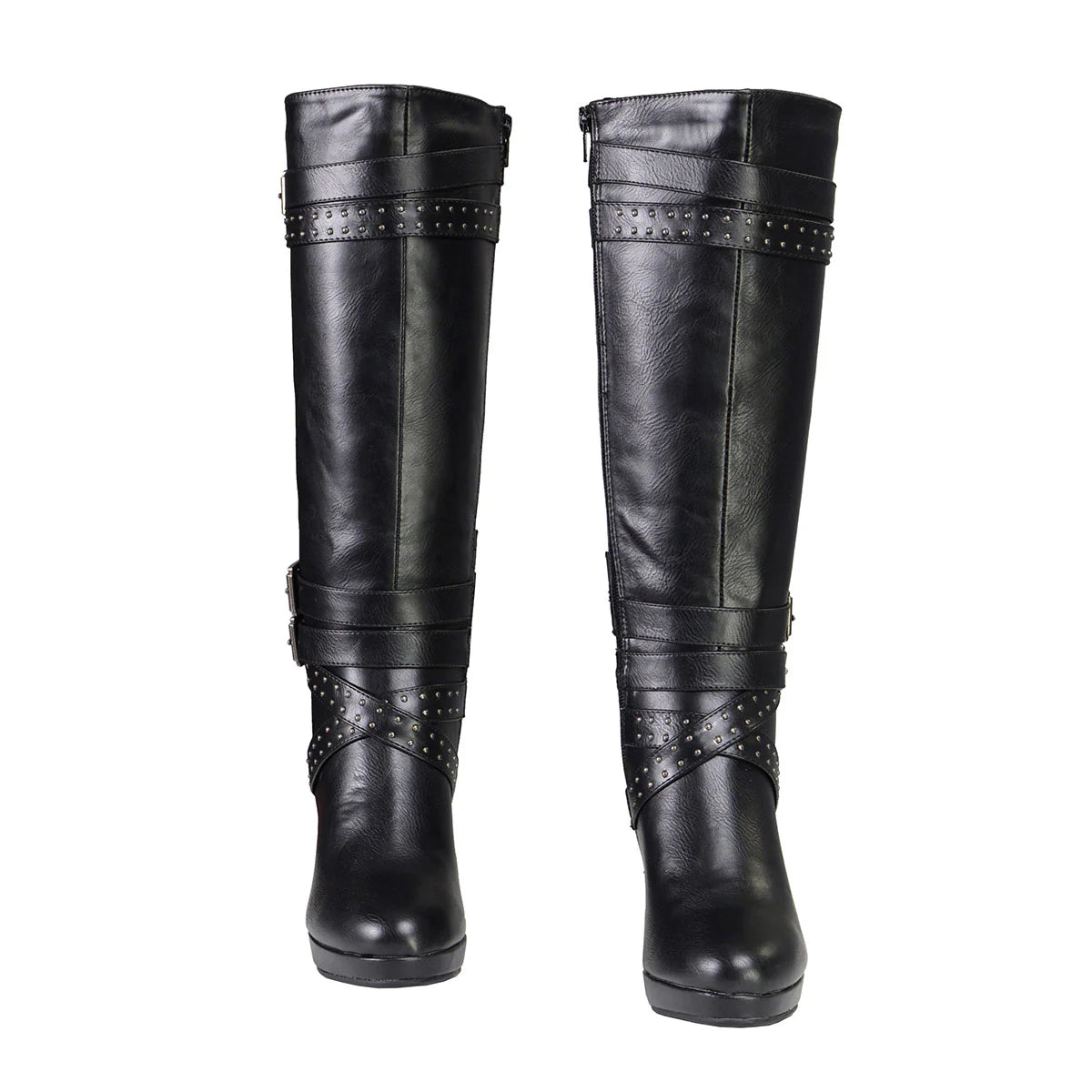 MILWAUKEE LEATHER - WOMEN'S TALL BLACK STUDDED STRAP FASHION CASUAL BOOTS WITH PLATFORM HEEL - MBL9422