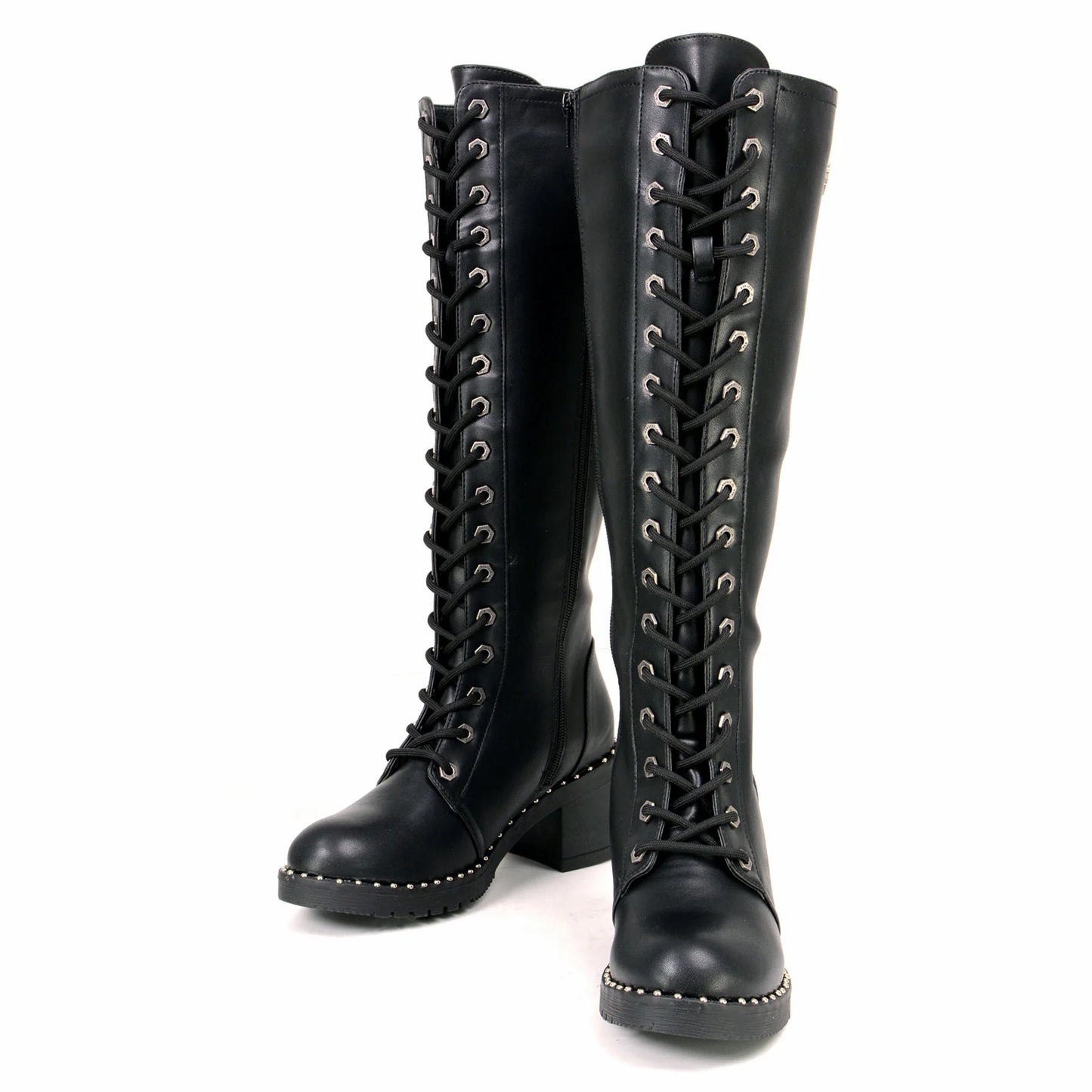 MILWAUKEE LEATHER - WOMEN'S BLACK LACE-UP TALL BIKER FASHION BOOTS WITH PLATFORM HEEL & STUDS - MBL9442