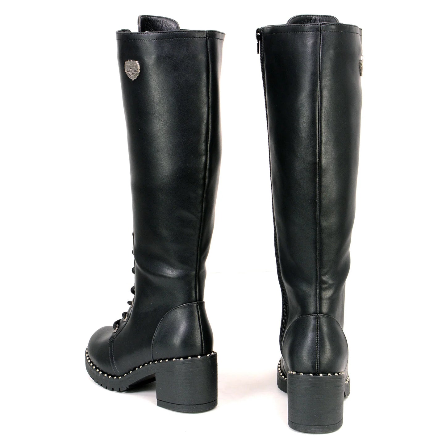 MILWAUKEE LEATHER - WOMEN'S BLACK LACE-UP TALL BIKER FASHION BOOTS WITH PLATFORM HEEL & STUDS - MBL9442