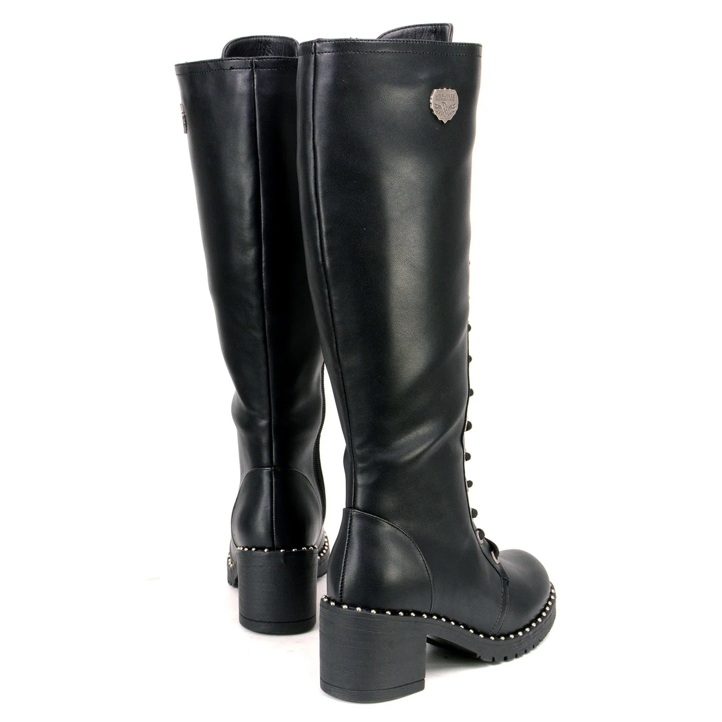 MILWAUKEE LEATHER - WOMEN'S BLACK LACE-UP TALL BIKER FASHION BOOTS WITH PLATFORM HEEL & STUDS - MBL9442
