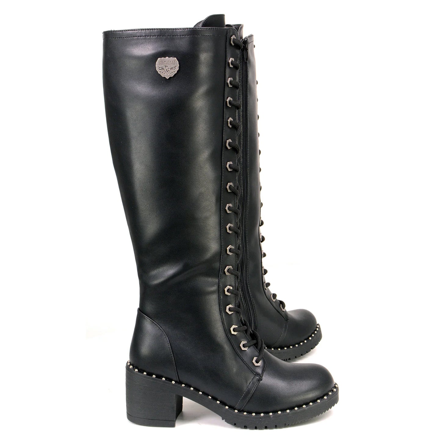 MILWAUKEE LEATHER - WOMEN'S BLACK LACE-UP TALL BIKER FASHION BOOTS WITH PLATFORM HEEL & STUDS - MBL9442