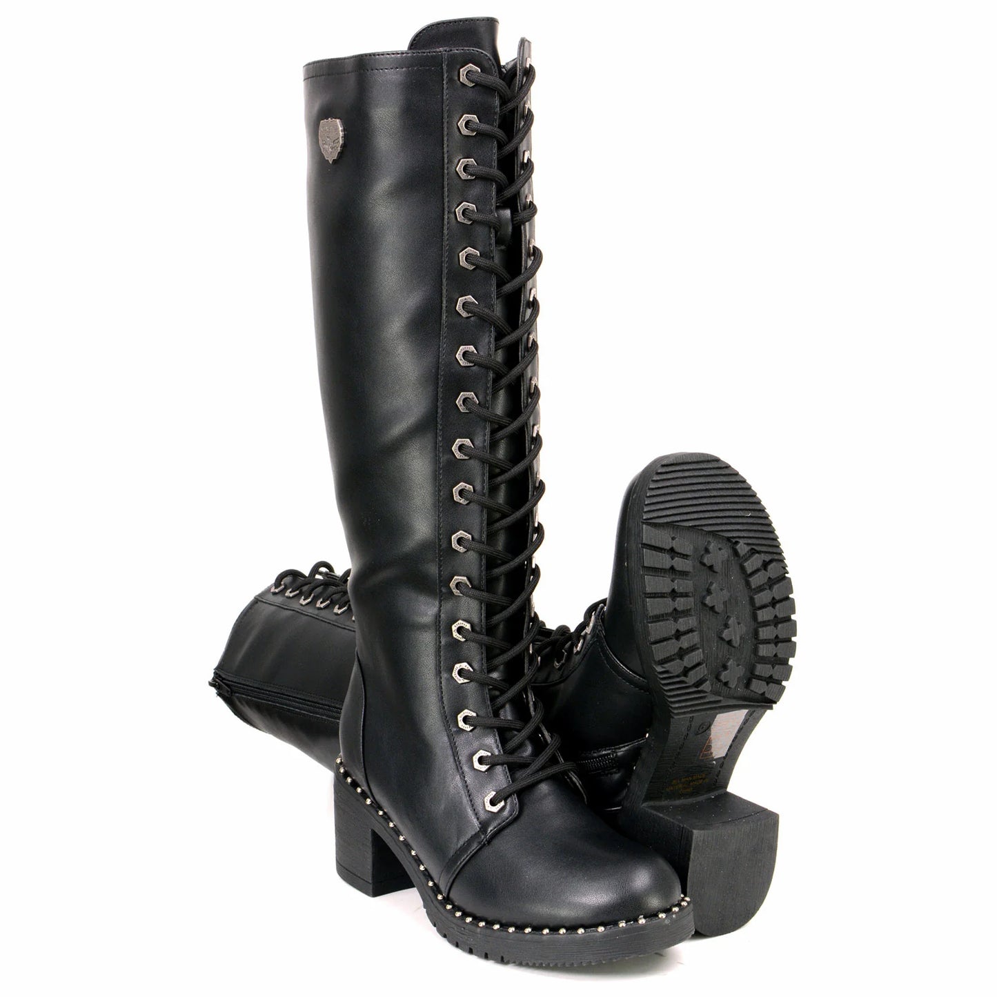 MILWAUKEE LEATHER - WOMEN'S BLACK LACE-UP TALL BIKER FASHION BOOTS WITH PLATFORM HEEL & STUDS - MBL9442