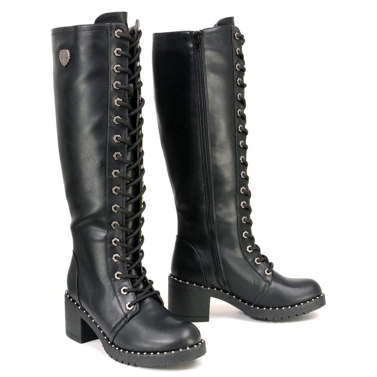 MILWAUKEE LEATHER - WOMEN'S BLACK LACE-UP TALL BIKER FASHION BOOTS WITH PLATFORM HEEL & STUDS - MBL9442