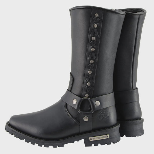 MILWAUKEE LEATHER - MEN'S BLACK LEATHER HARNESS MOTORCYCLE BOOTS WITH BRAID AND RIVETED DETAILS - MBM9025
