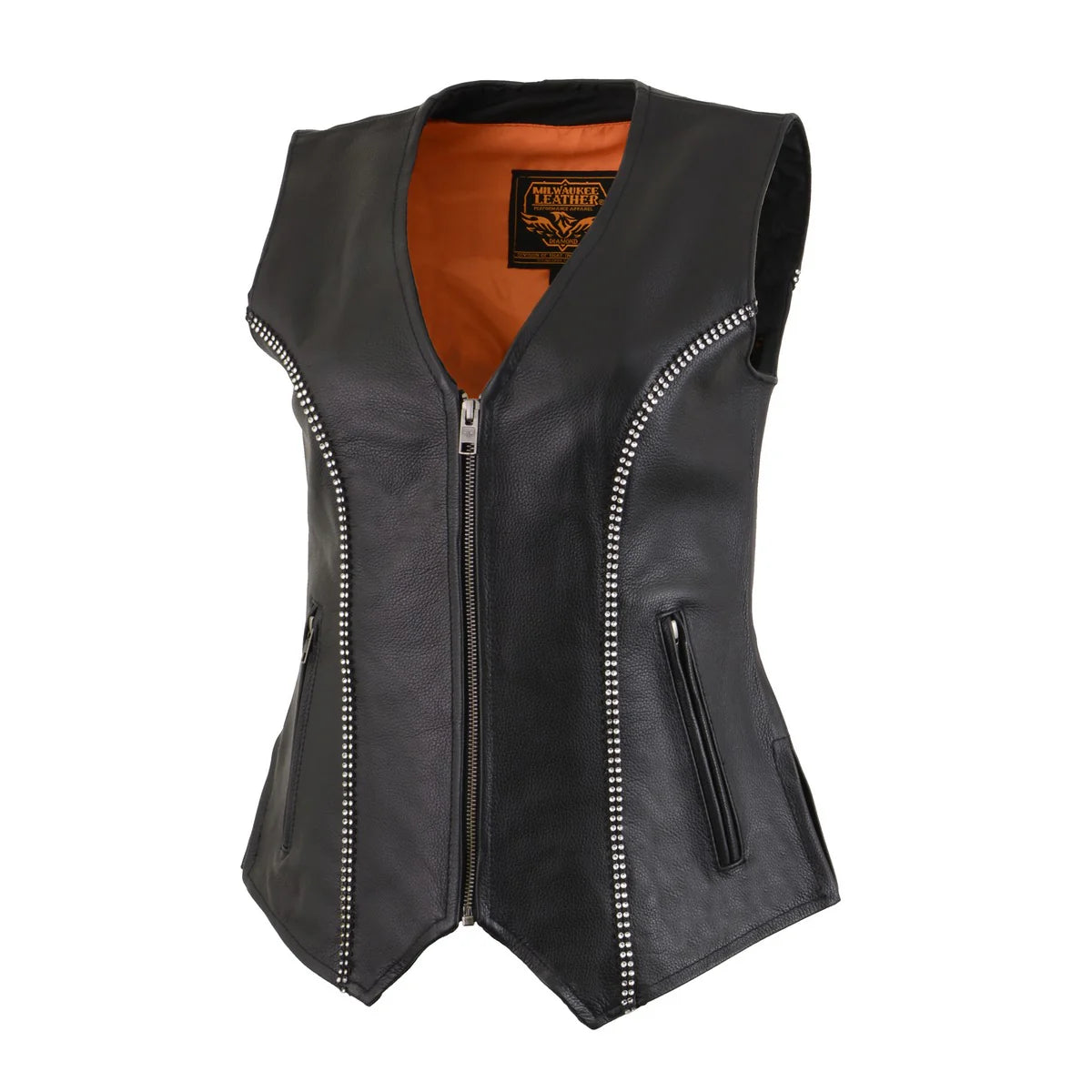MILWAUKEE LEATHER - WOMEN'S BLACK LEATHER CLASSIC V-NECK MOTORCYCLE RIDER VEST WITH RHINESTONE BLING DETAIL - MLL4502