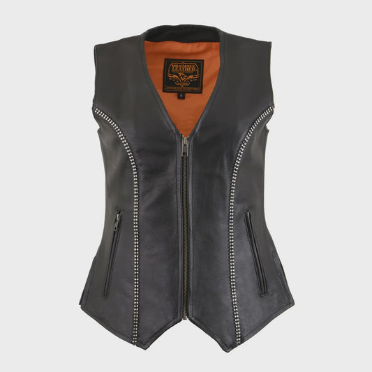 MILWAUKEE LEATHER - WOMEN'S BLACK LEATHER CLASSIC V-NECK MOTORCYCLE RIDER VEST WITH RHINESTONE BLING DETAIL - MLL4502