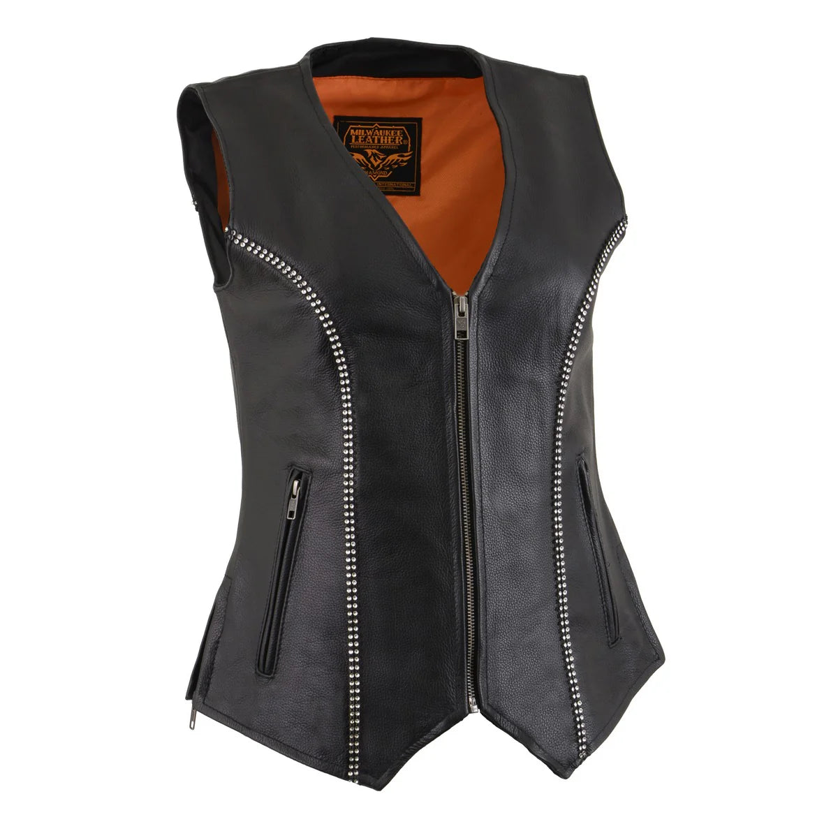 MILWAUKEE LEATHER - WOMEN'S BLACK LEATHER CLASSIC V-NECK MOTORCYCLE RIDER VEST WITH RHINESTONE BLING DETAIL - MLL4502