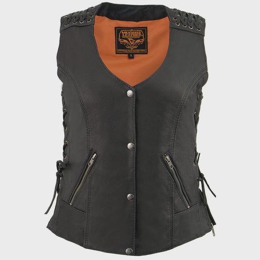 MILWAUKEE LEATHER - WOMEN'S BLACK LEATHER LIGHTWEIGHT LACE TO LACE LOWER ZIP EXPANSION MOTORCYCLE RIDER VEST - MLL4525
