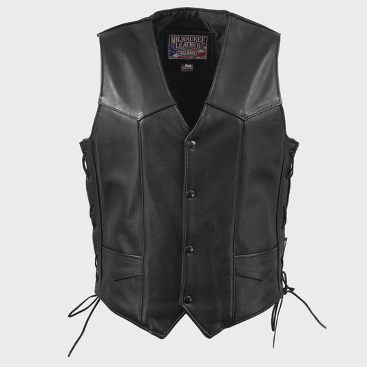 MILWAUKEE LEATHER - MEN'S BLACK BUSTER SIDE LACE PREMIUM MOTORCYCLE LEATHER VEST - MADE IN THE USA - MLVSM5008